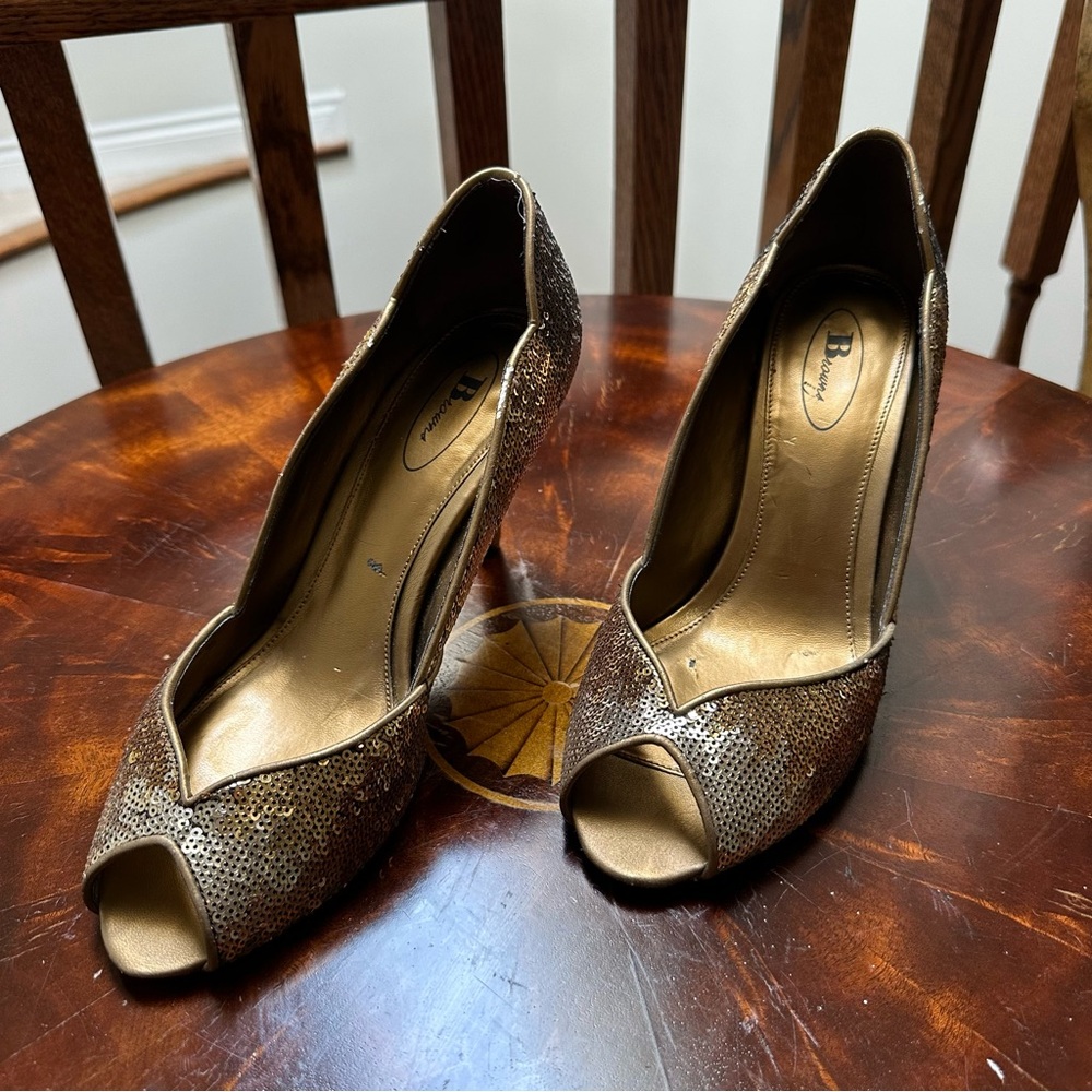 Gold Stiletto Heels with Peep-Toe Design